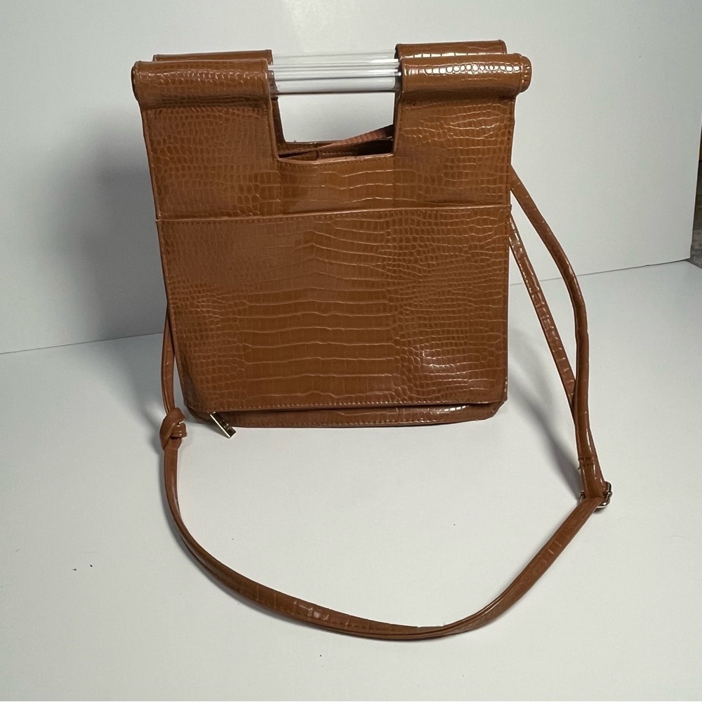 Beis The Crossbody Bag Cognac Faux Croc Brown Shoulder Bag Handbag Clear Handles